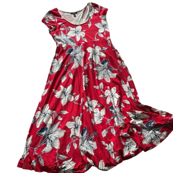 Chaps Petite Red, White, & Blue Hibiscus Print Maxi Dress - Picture 1 of 8